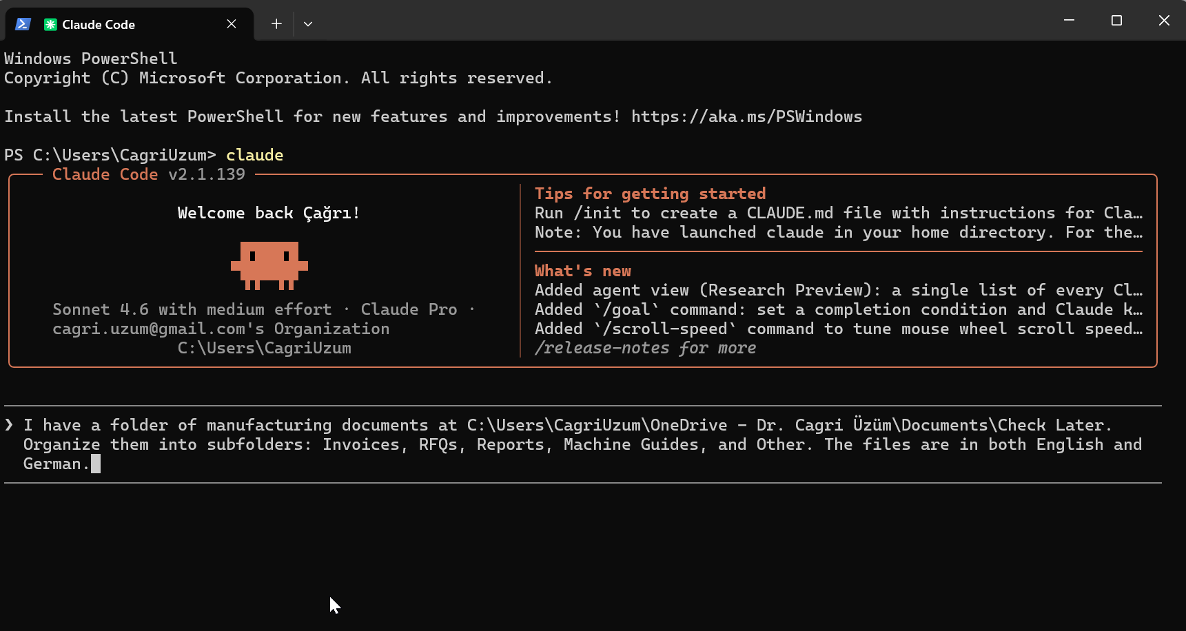 Claude Code running in Windows PowerShell with the manufacturing document organization prompt typed in the terminal