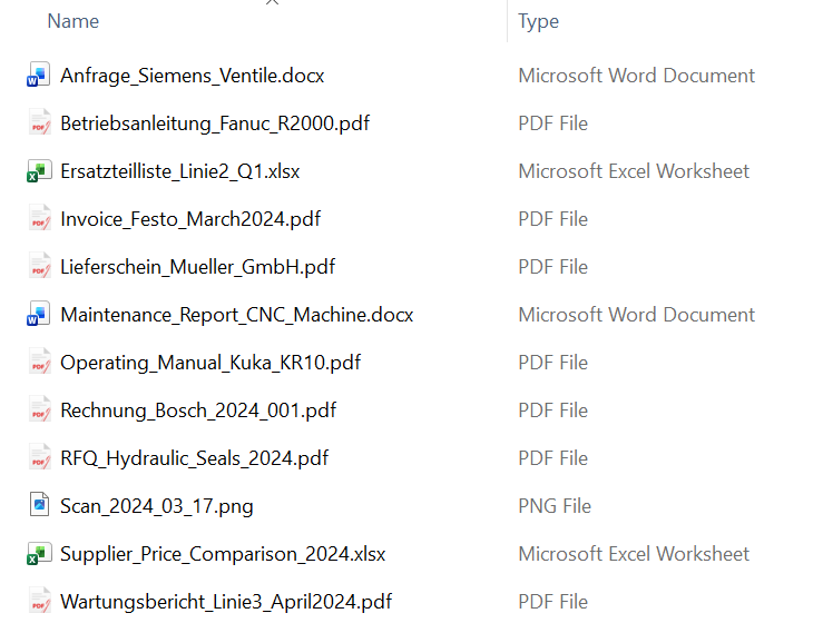 Windows File Explorer showing 12 unsorted manufacturing files including German and English PDFs, Word documents, Excel spreadsheets, and a PNG scan, all in one flat folder